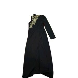 PrettyLittleThing Black Maxi Dress Gold Embroidered Floral Appliqué Size US 8 UK